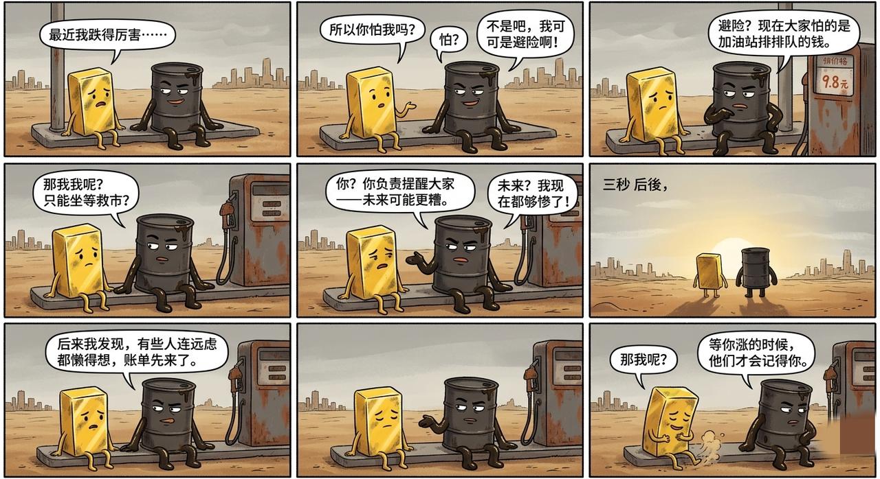 金：最近我跌得厉害……
油：所以你怕我吗？
金：怕？不是吧，我可是避险啊！
油：