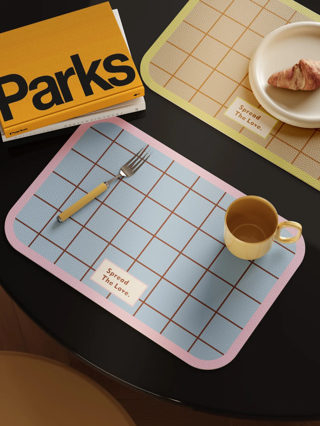 ins 博主同款！🔗奶雾蓝粉格纹餐垫