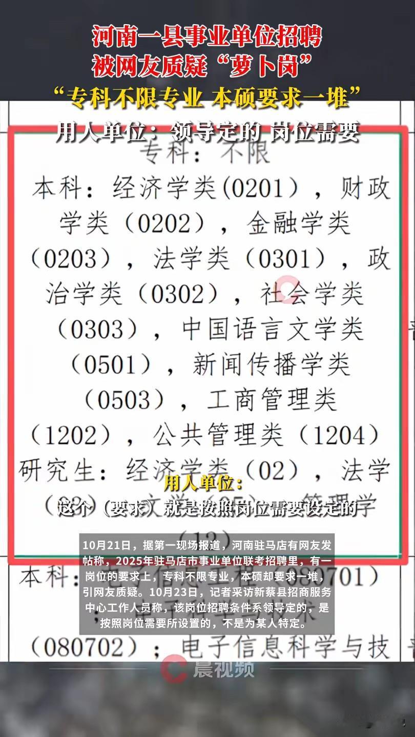 #河南一事业单位遭网友质疑设萝卜岗#离谱，事业单位招聘引争议！专科不限专业，本硕