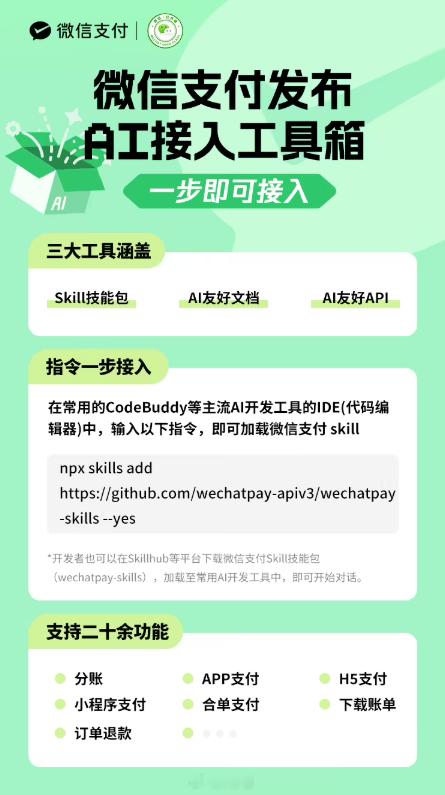 微信支付今日官宣发布一整套面向 AI 的支付接入 Skill，只需「唤起 AI—