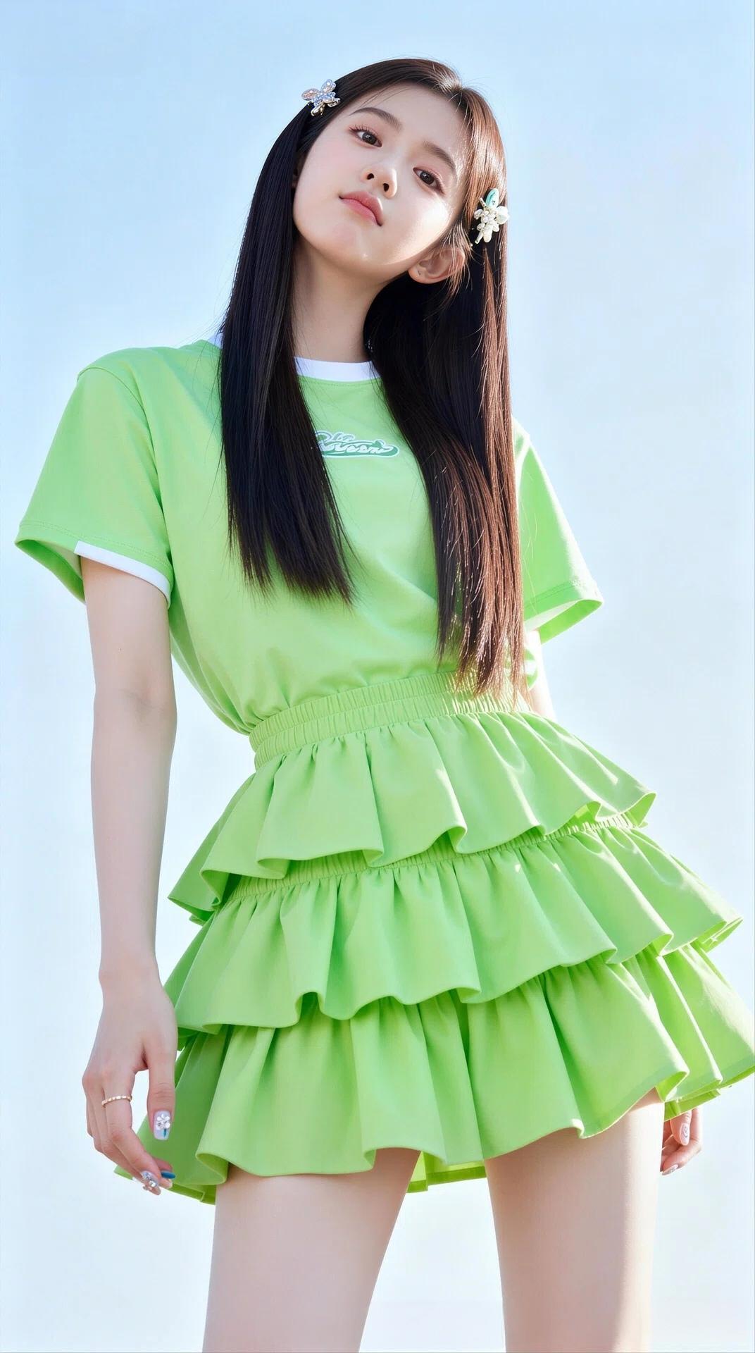 美少穿着清爽，青春气息都要溢出屏幕啦！森女系穿搭就很绝，橄榄绿连衣裙子，不挑肤色