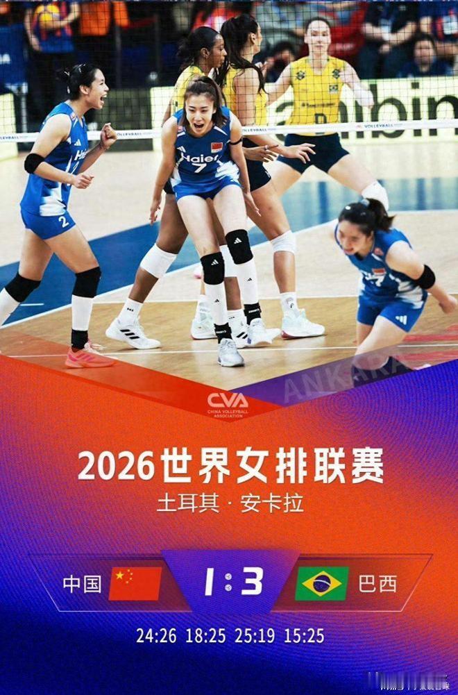 中国女排在2026年世界女排联赛中以1-3负于巴西女排，主要源于‌网口拦防的巨大