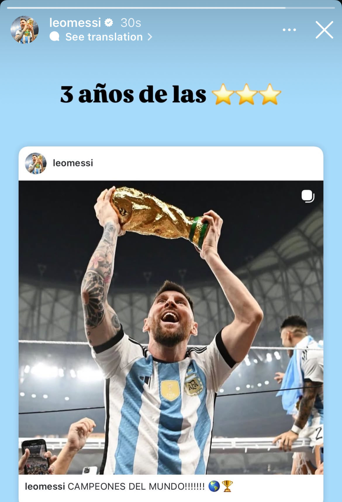 梅西更新IG快拍｜纪念🇦🇷世界杯夺冠三周年三年了，属于那三颗星的时刻⭐⭐⭐ 