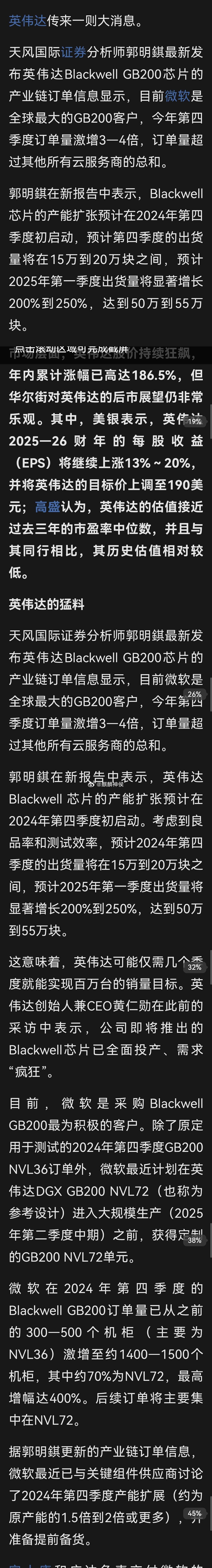 英伟达突爆猛料！知名分析师郭明錤：微软Q4 GB200芯片订单量激增3-4倍……