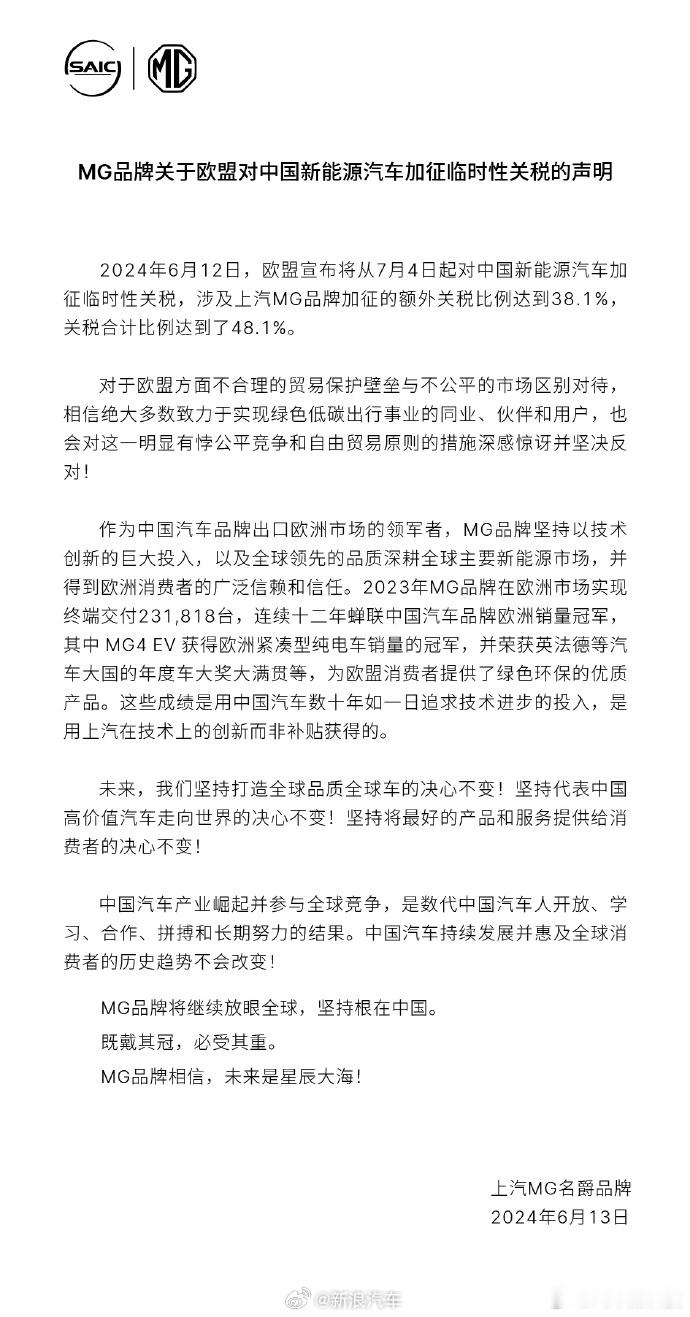 #MG名爵回应欧盟对华电动车加征关税# 欧盟委员会日前发布公告，拟对中国电动汽车