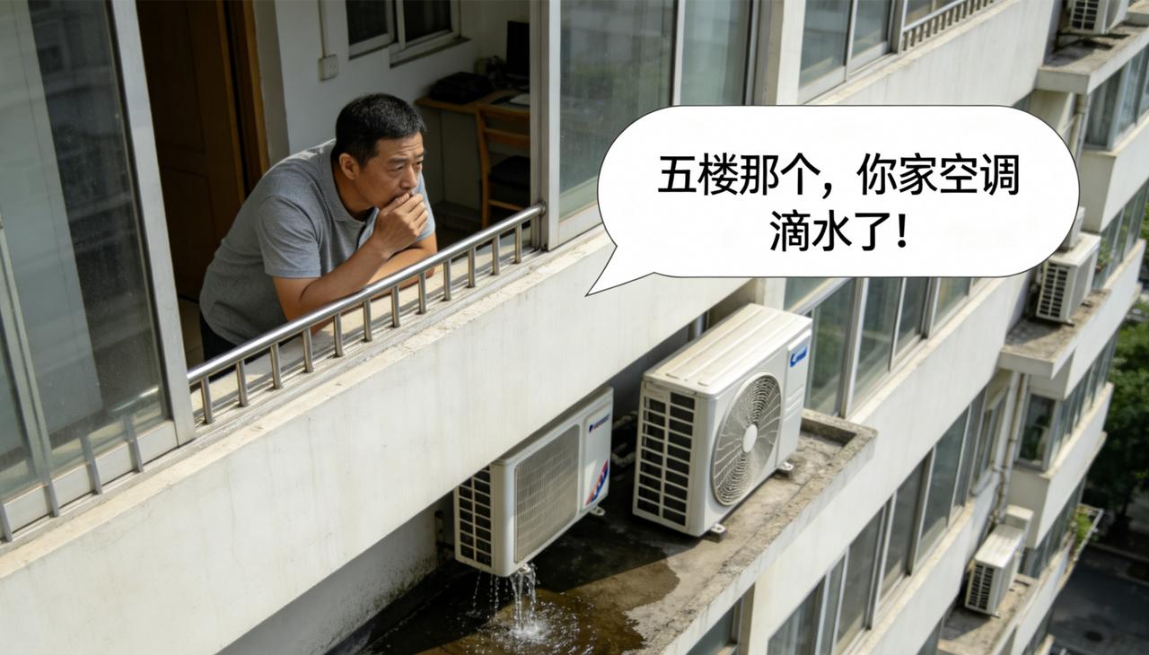 三楼的老吴有个毛病，总爱在阳台上冲楼下喊话。
“五楼那个，你家空调滴水了！”“二