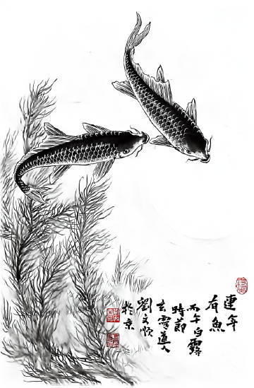 【墨韵游龙 · 玄水招财】中国美协会员刘文顺老师亲笔水墨佳作。画中双鱼戏水，姿态