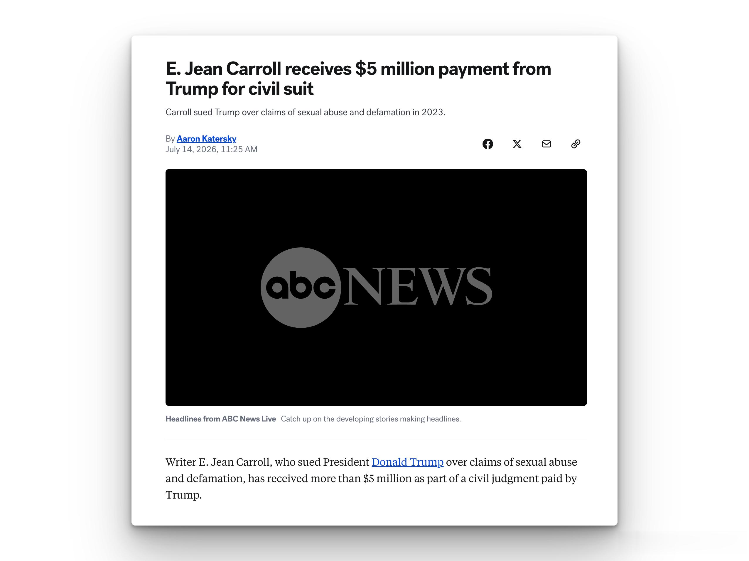 Carroll 已经收到了特朗普支付的近580万美元的性侵害与诽谤案赔偿美国作家