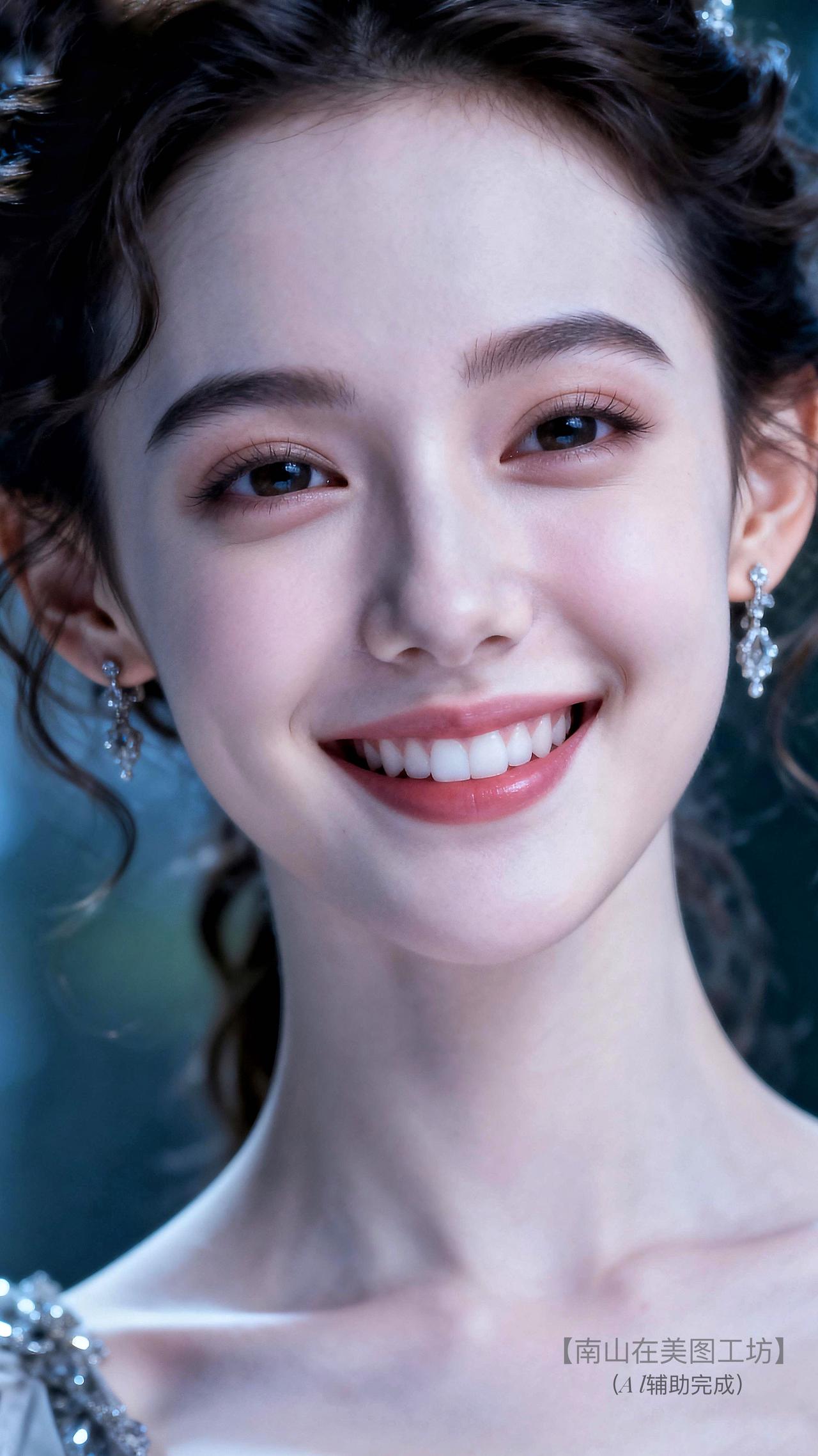 卷发似星浪蜷于鬓边，钻饰耳坠漾着细碎流光，露肩礼裙衬出天鹅颈的柔美。她笑时眼含星