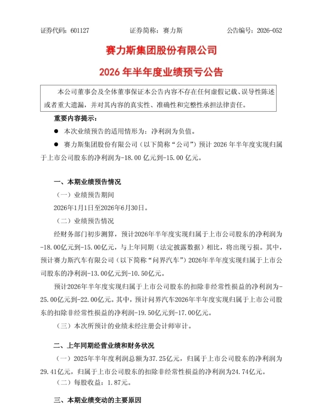 赛力斯发布2026年半年度业绩预告，半年亏了十几个亿，主要是芯片、金属这些原材料