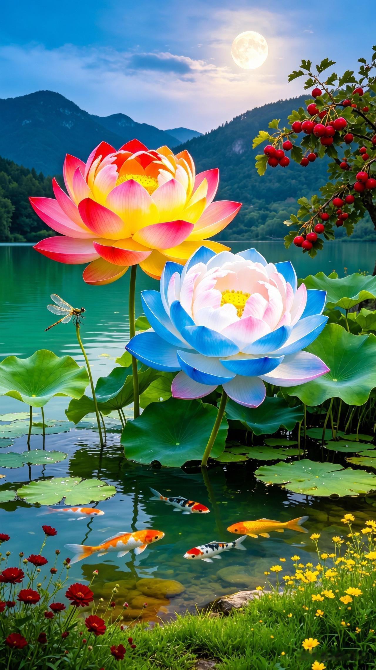 七月，十里荷塘，月色溶溶。一池锦鲤戏清波，两朵芙蕖醉晚风，红黄蓝白交织成梦，惊扰