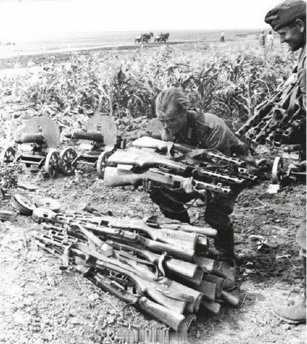 照片中的历史 德国士兵收集战场上缴获的苏军轻武器。库尔斯克战役，1943年7月。