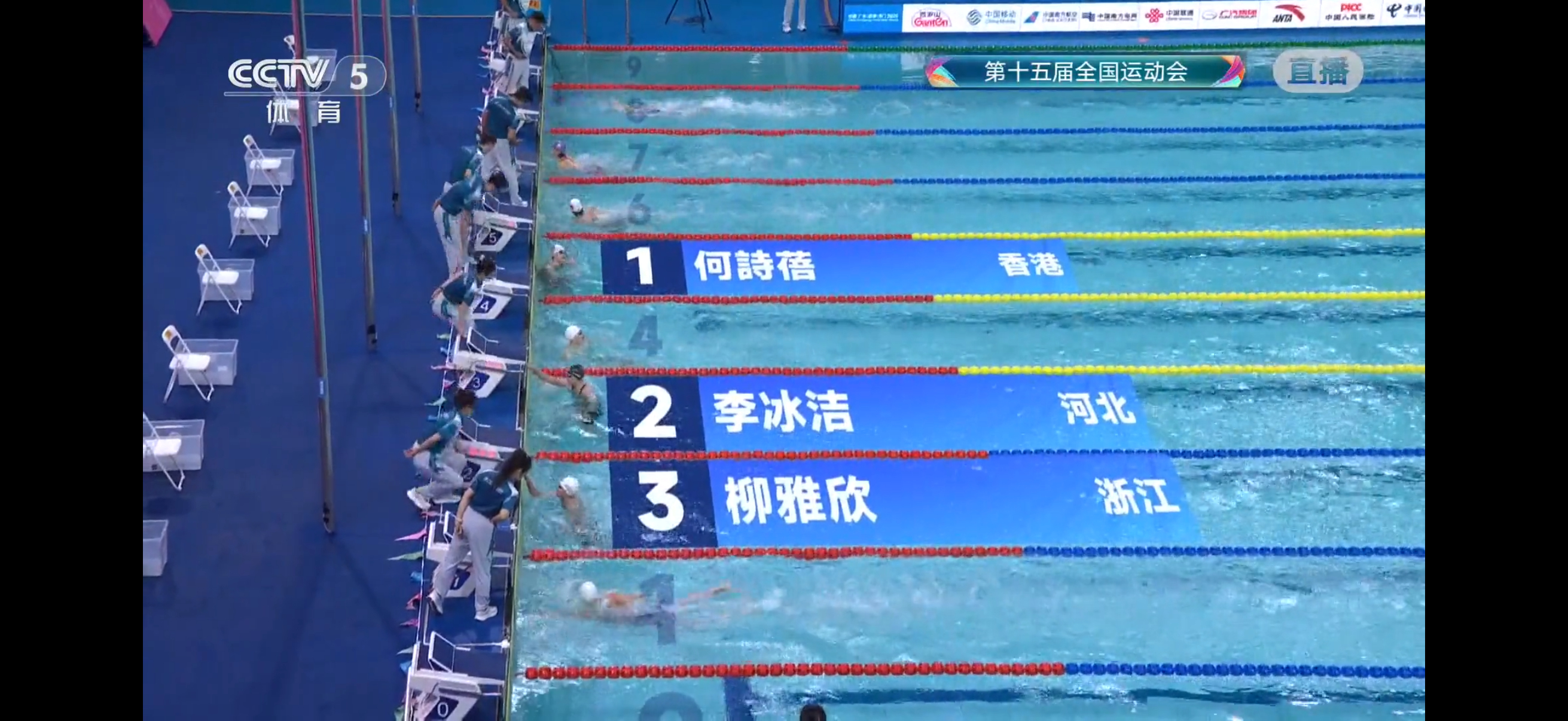 全运会女子200米自由泳决赛：香港选手何诗蓓夺得冠军，李冰洁第二，柳雅欣获得第三