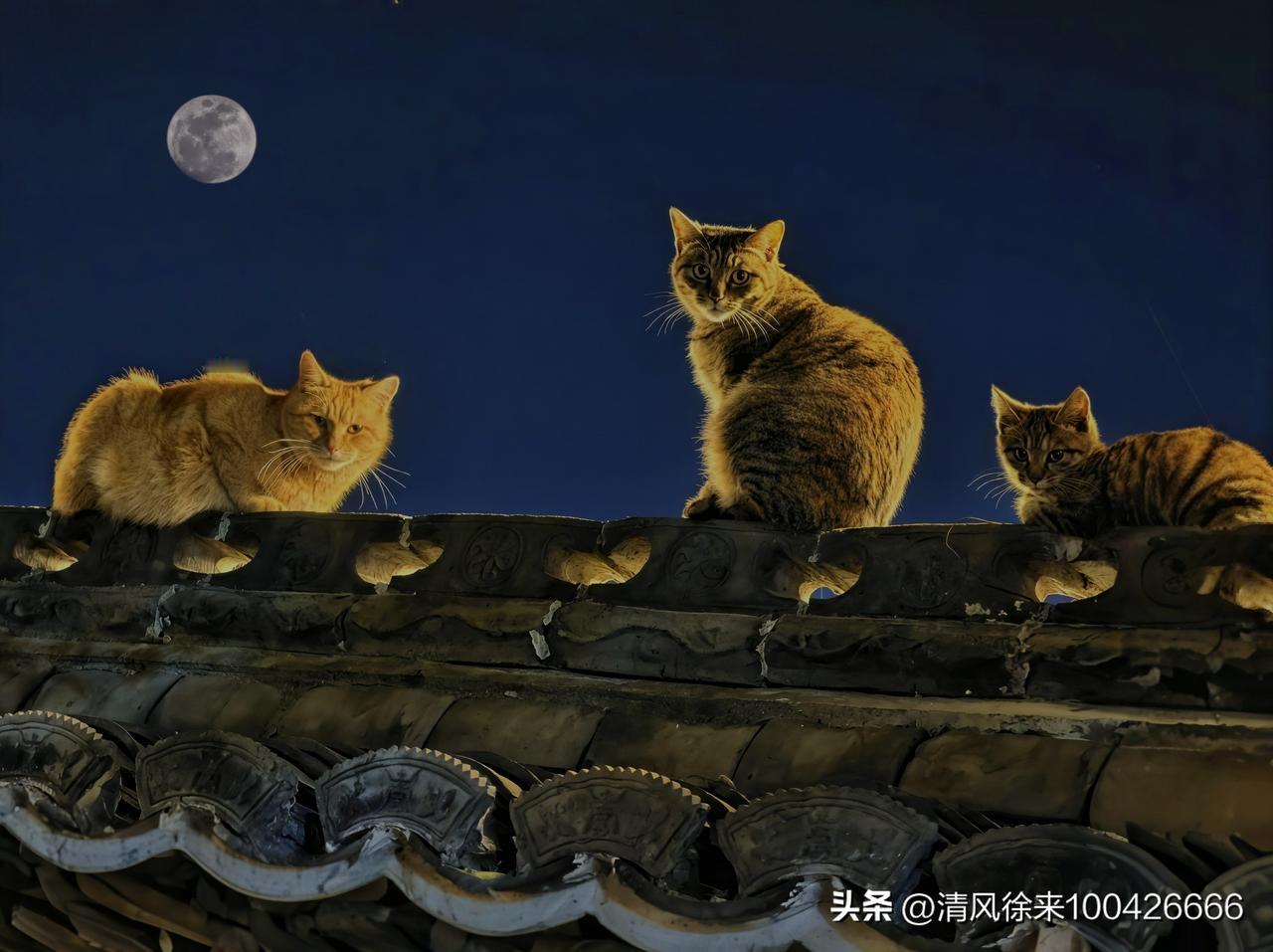 晒图笔记大赛瓦上三猫，同守一轮月。晚风青砖古瓦，和它们眼里的星光，凑成了最温柔的