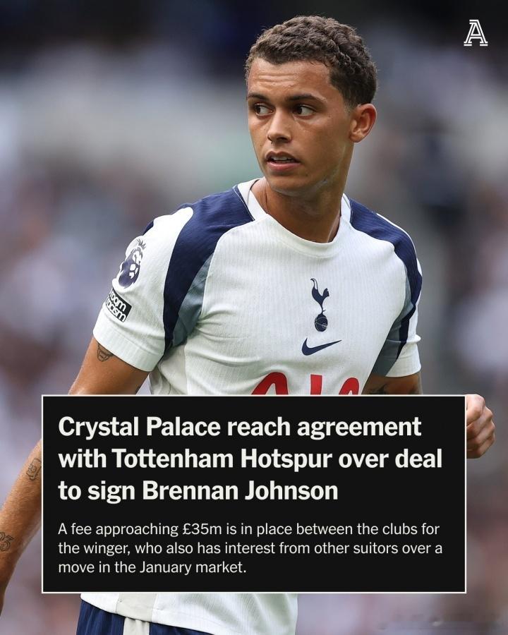 DO：水晶宫已经与热刺达成协议，以近3500万镑转会费签下布伦南·约翰逊。202