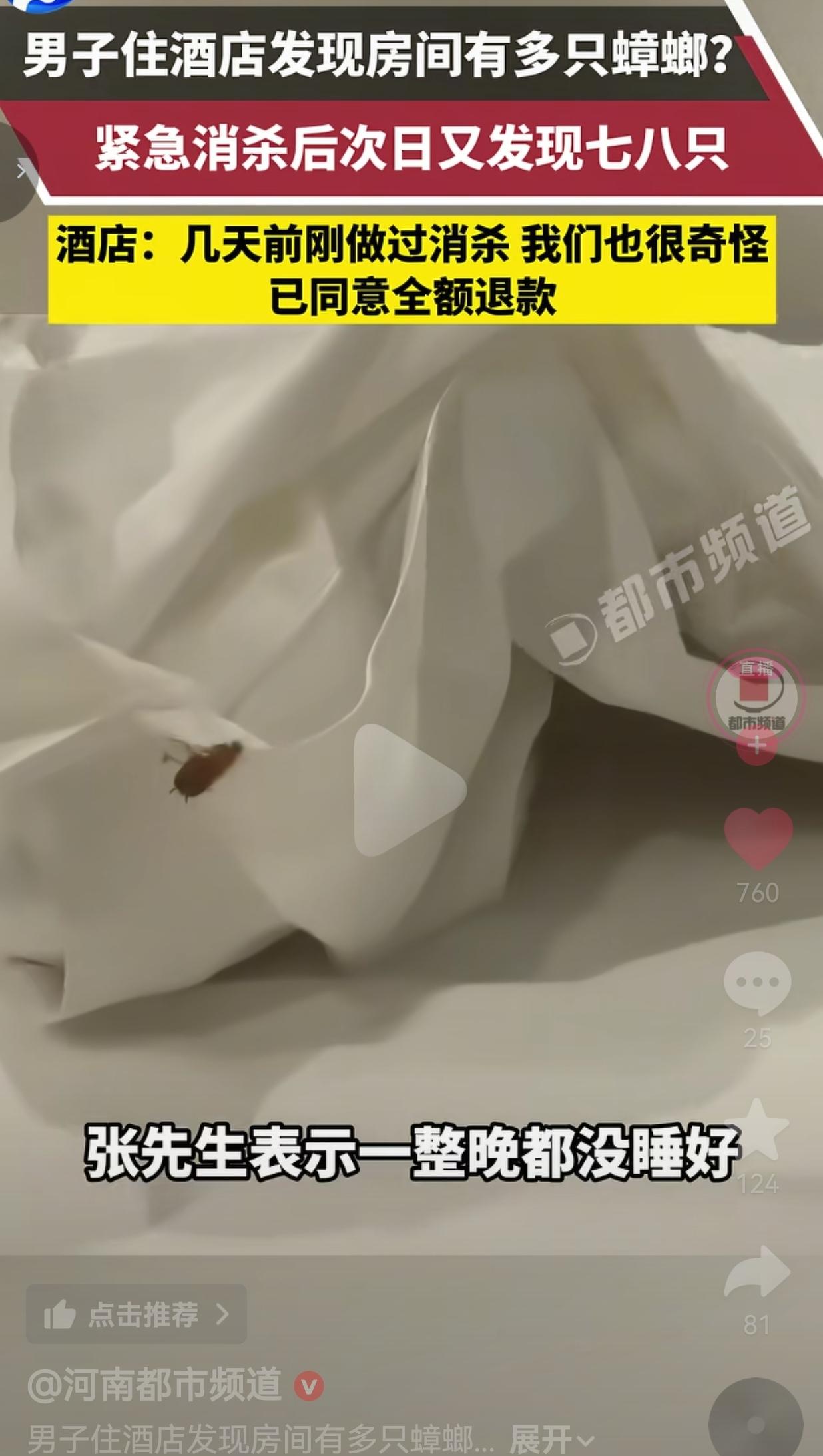 苏州男子住酒店遇蟑螂，消杀后仍有七八只，全额退款也难消气
 
五一出门住酒店，本