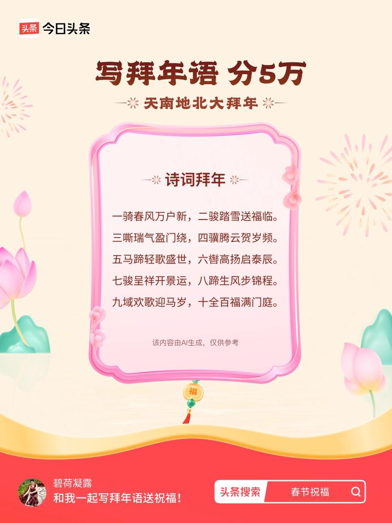 三嘶瑞气盈门绕，四骥腾云贺岁频。 五马蹄轻歌盛世，六辔高扬启泰辰。 七骏呈祥开景