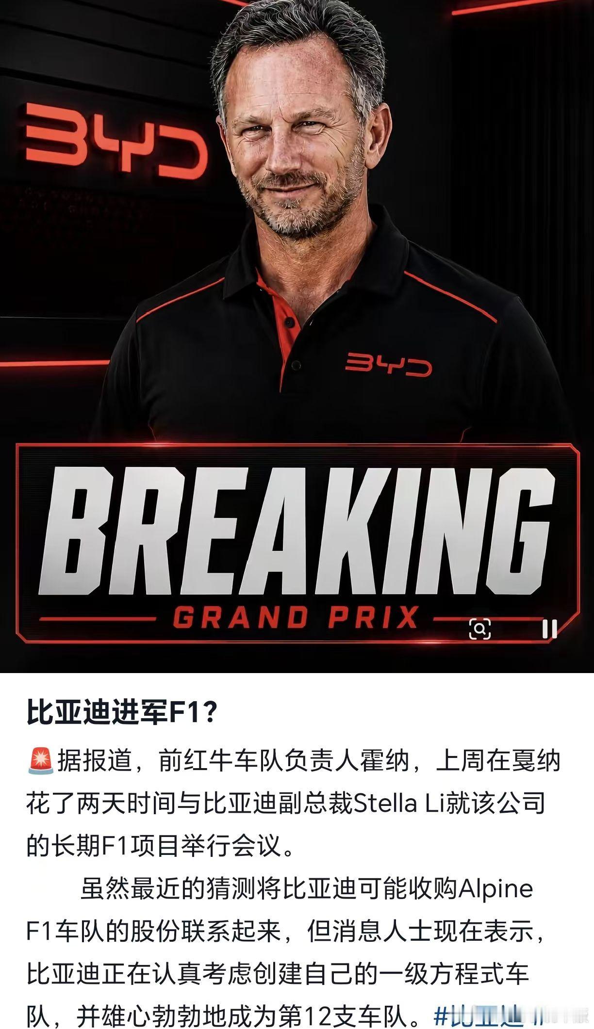 比亚迪收购Alpine，霍纳当领队？不信F1