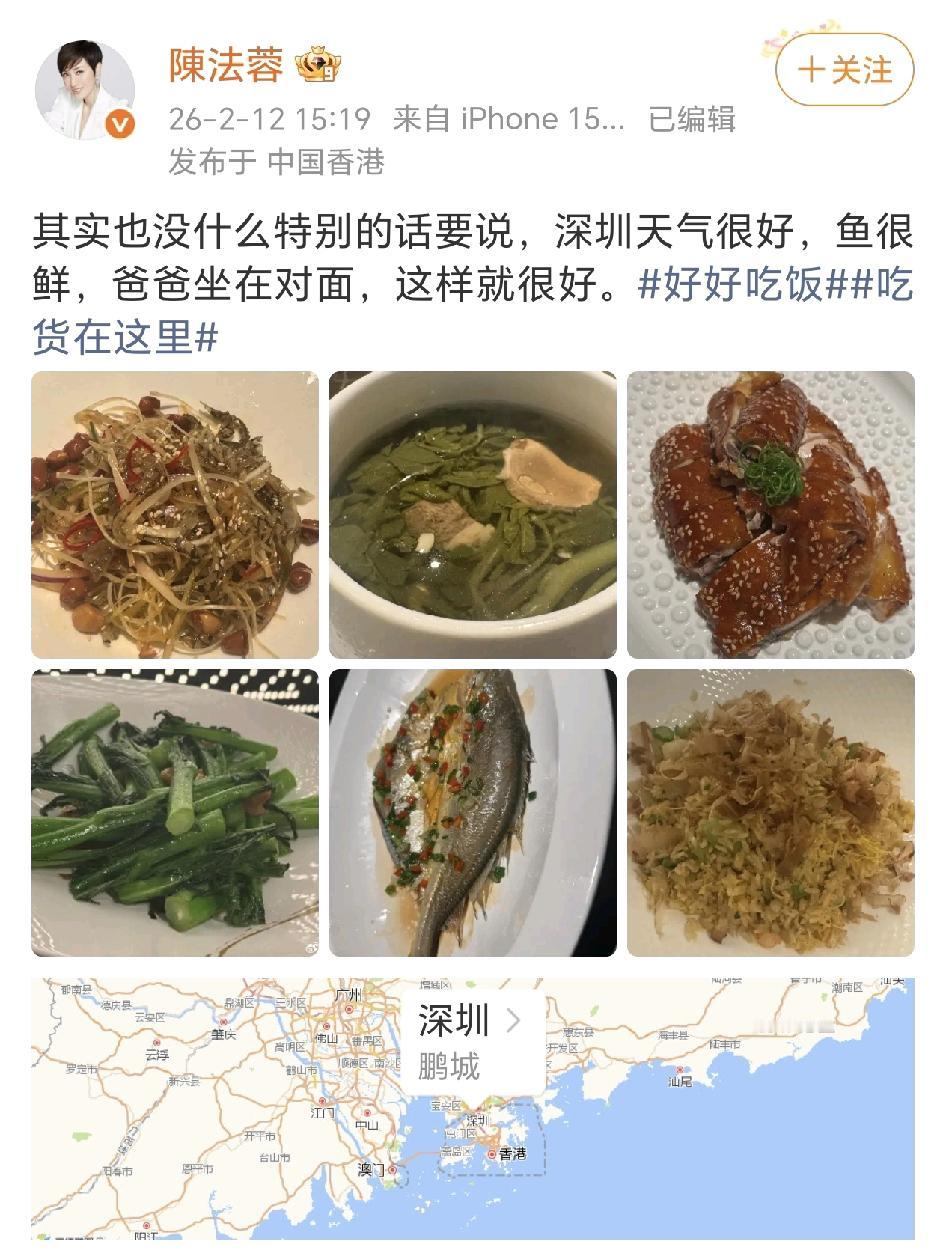 陈法蓉：这样就很好！
2月12日，陈法蓉晒出了六菜一汤以及深圳定位图，发文：“…