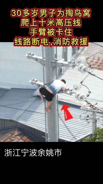 浙江宁波余姚市，男子为陶鸟窝，爬上十米高的高压线，这那像是一个30多岁男子能干的