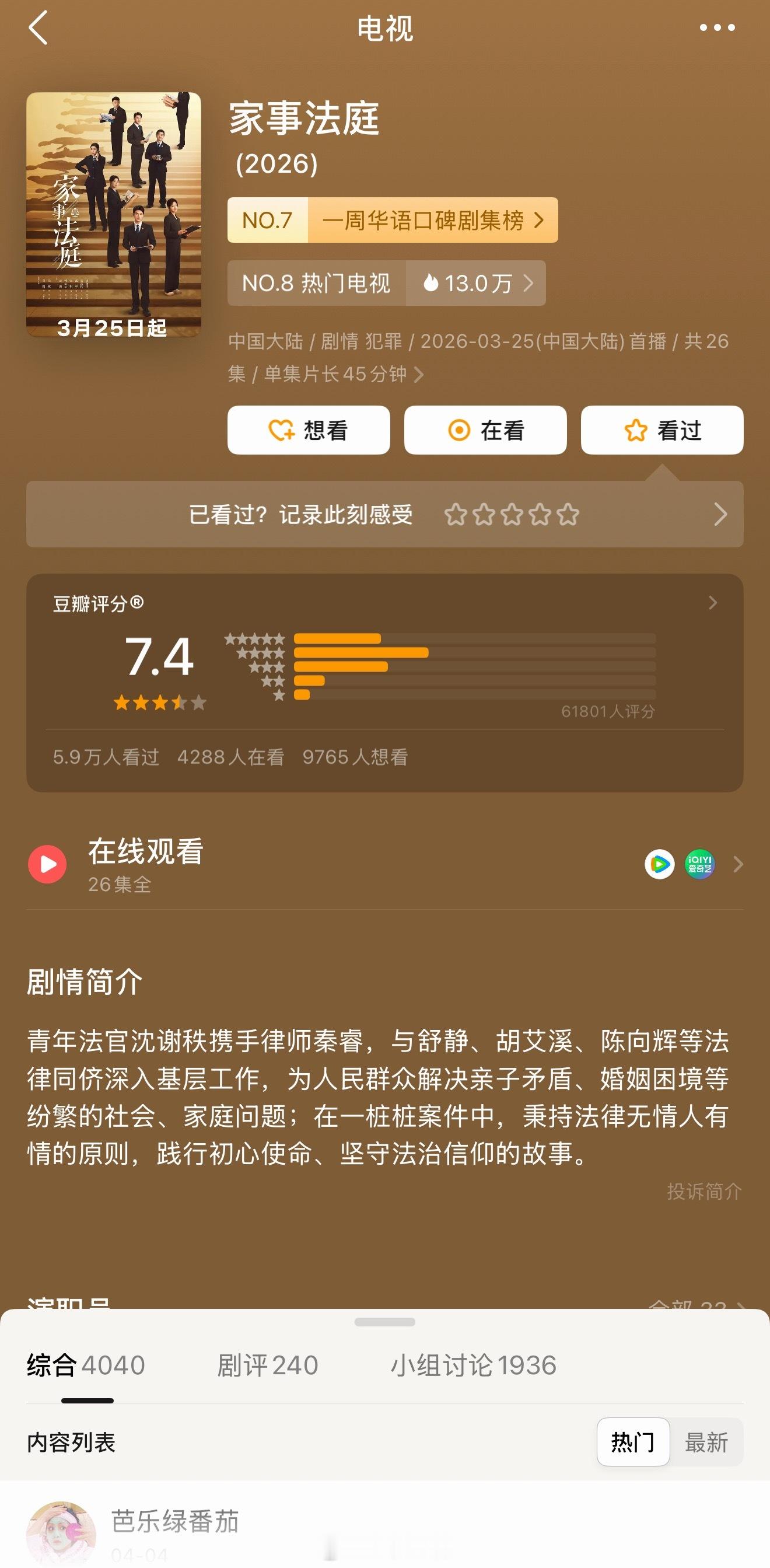 龚俊家事法庭豆瓣评分涨至7.4