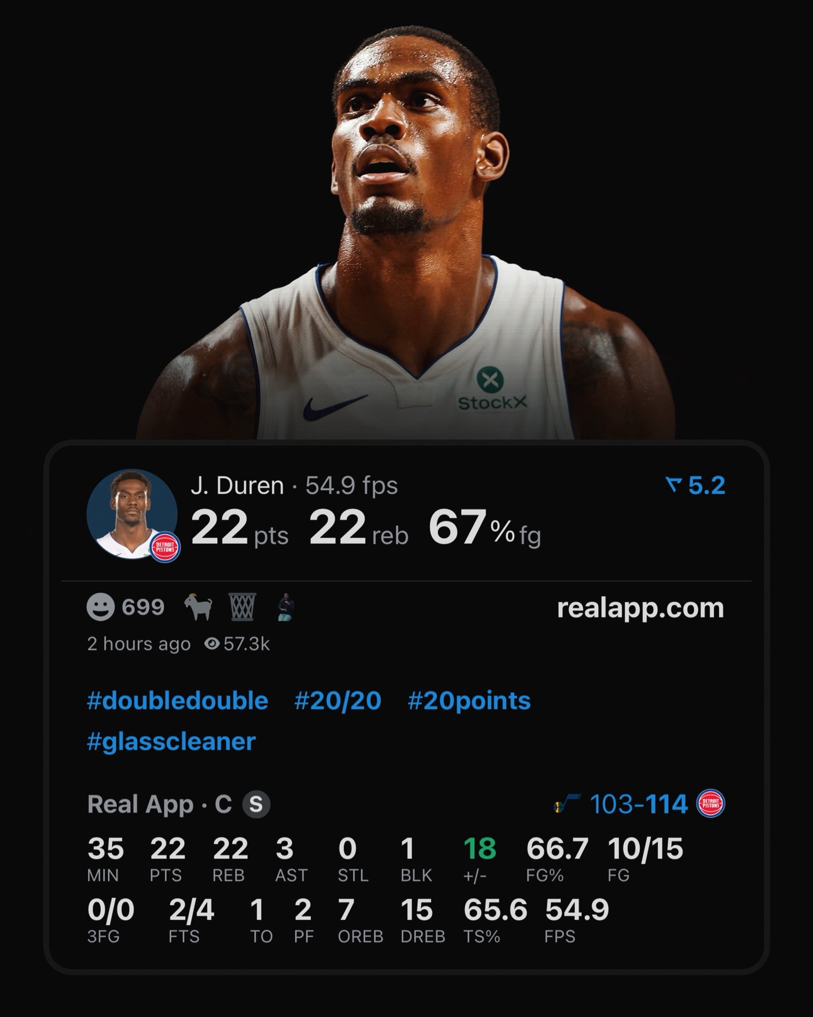 杜伦今日数据：22分22篮板，活塞击败爵士。真馋人啊。爵士vs活塞 ​​​