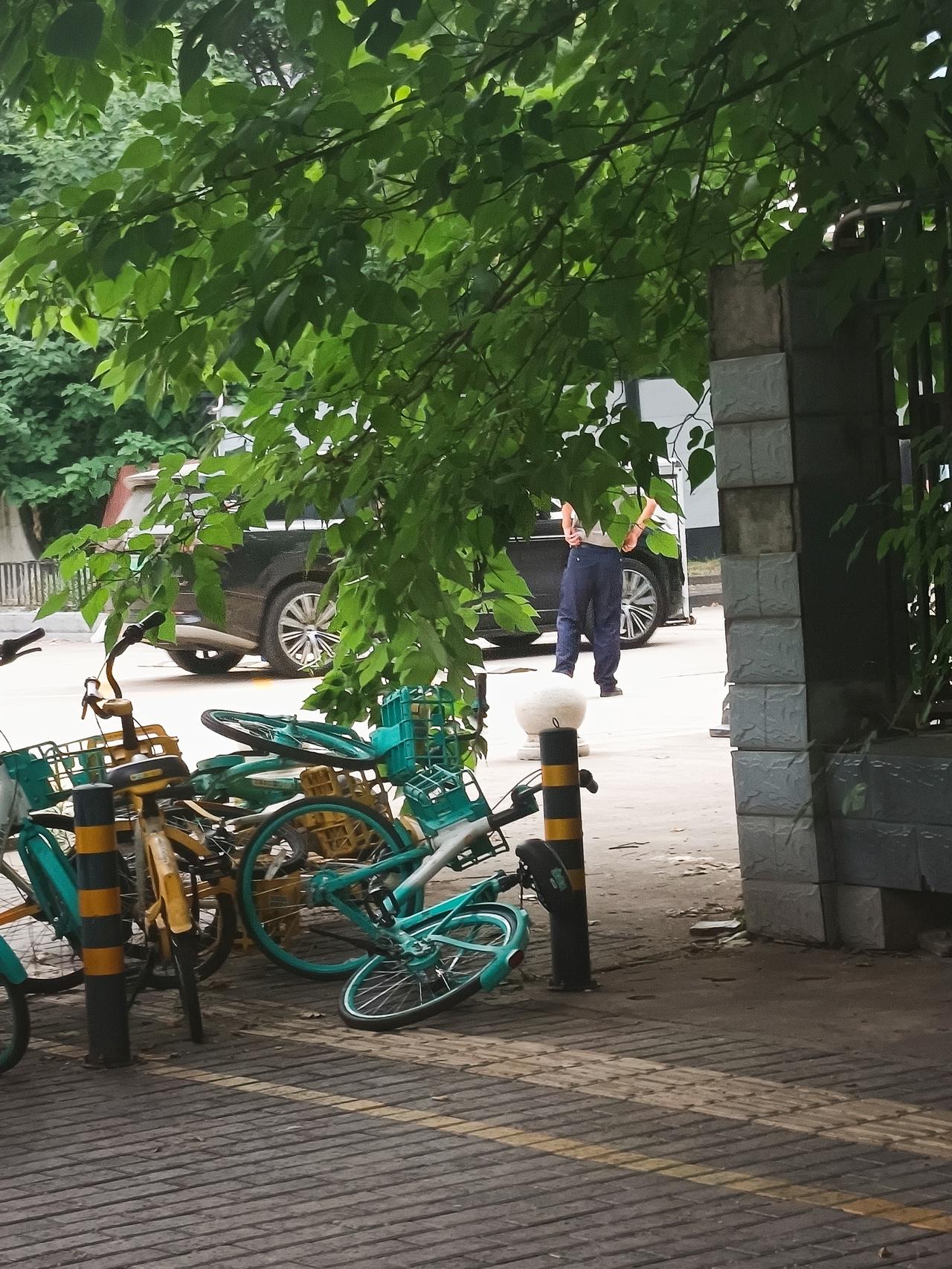 北方光电集团有限公司保安，7月30日早上把共享单车扔倒在地。虽然说你们厂的员工把