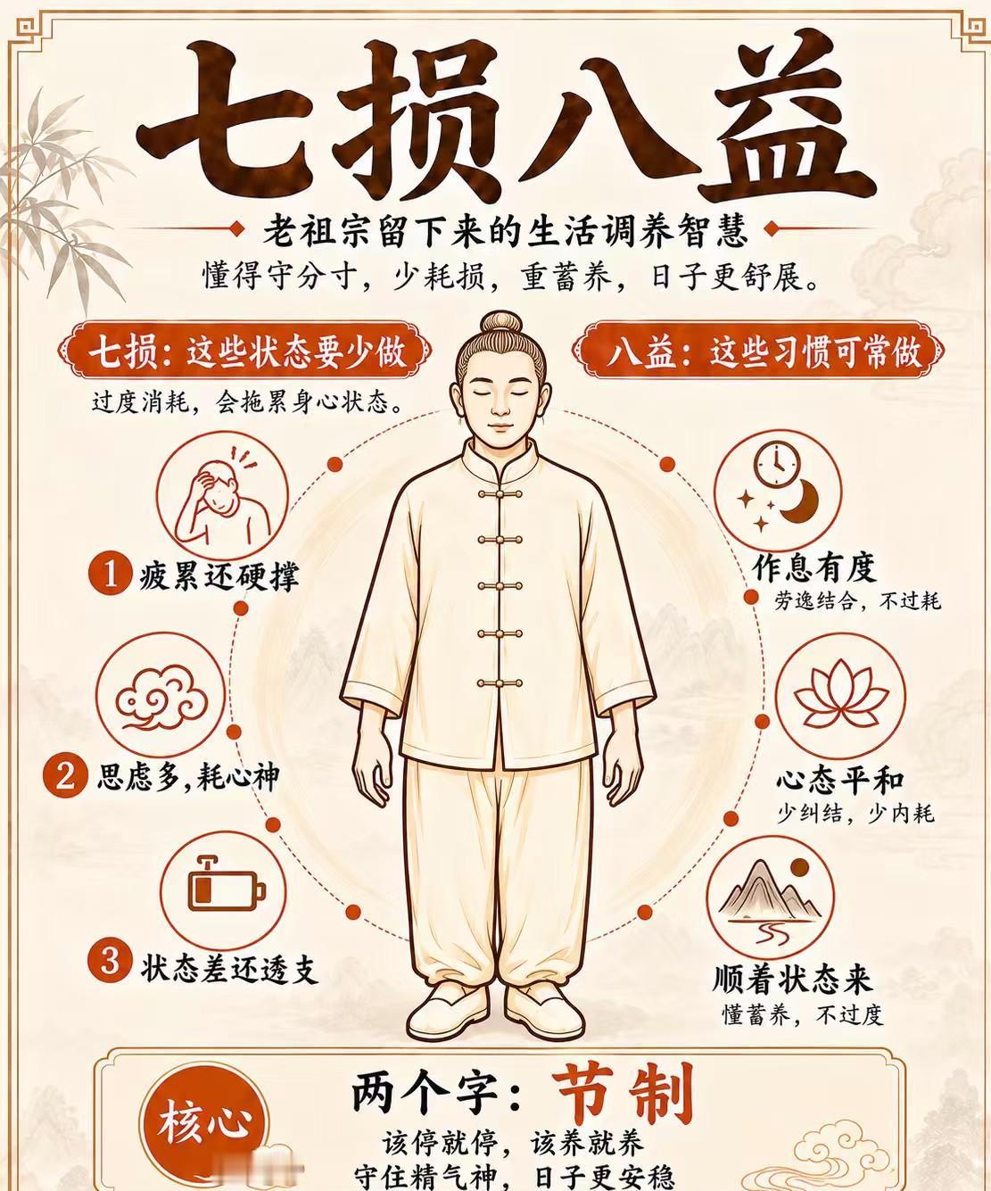 老祖宗传下的“七损八益”调养智慧，说到底核心就两个字：节制。

早前翻看马王堆出