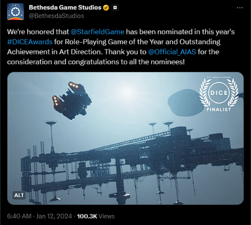 Bethesda对《星空》被提名DICE奖表示感谢！ 玩家：游戏是垃圾