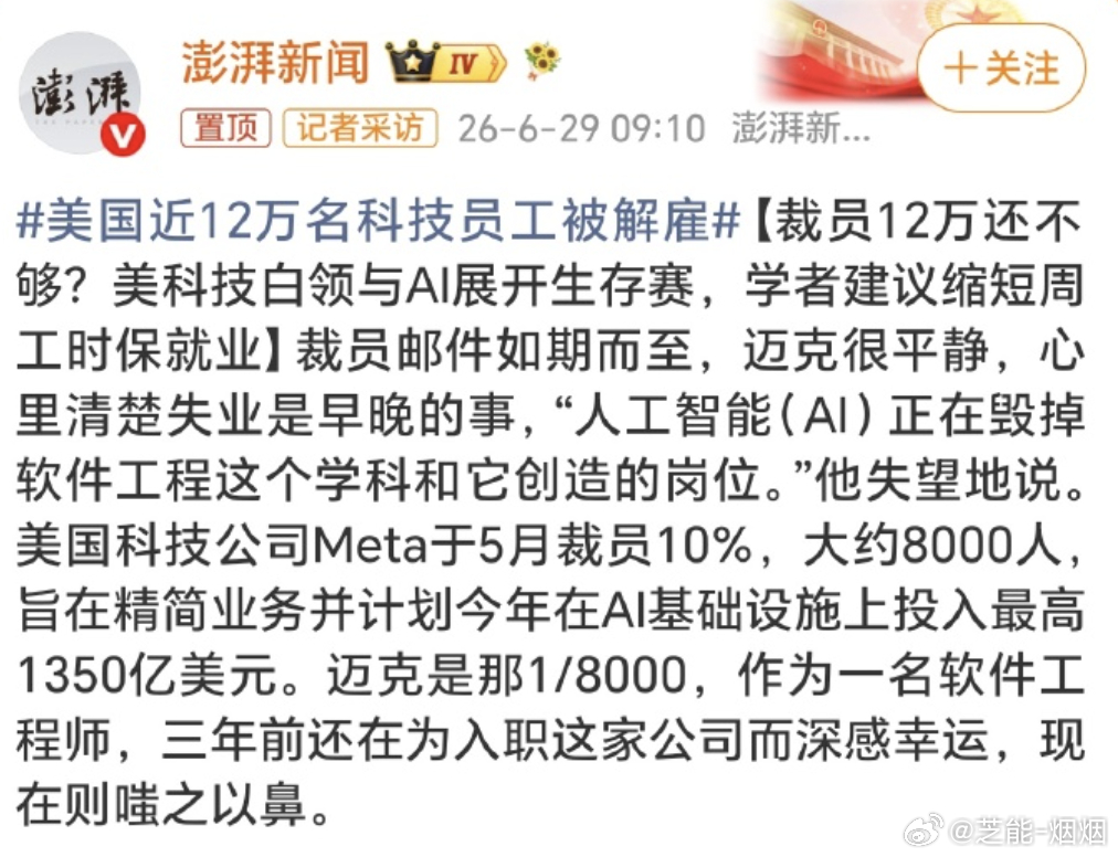 美国近12万名科技员工被解雇 美国科技行业5个月裁了12万人。Meta裁10%，