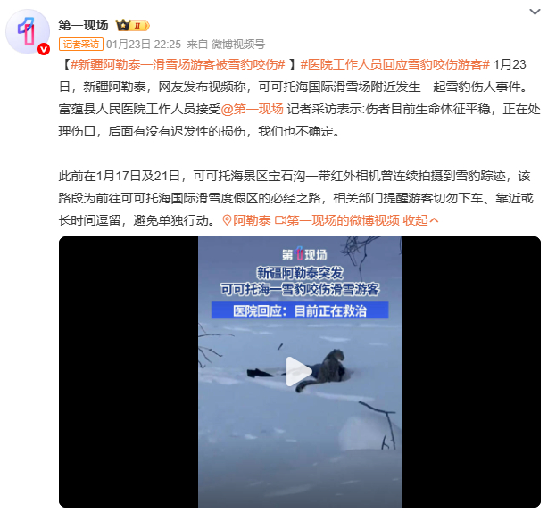 新疆阿勒泰一滑雪场游客被雪豹咬伤滑雪场旁遇雪豹，游客拍照反被咬——血泪教训再敲安