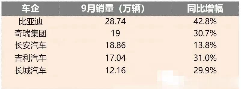 自主品牌的较量，比亚迪称王，奇瑞上升到第二，长安第三，吉利第四，长城第五。