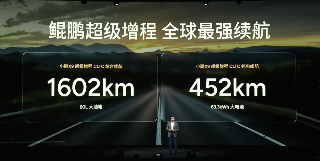 X9增程版：纯电452km CLTC，加上增程部分1602km CLTC；同时电