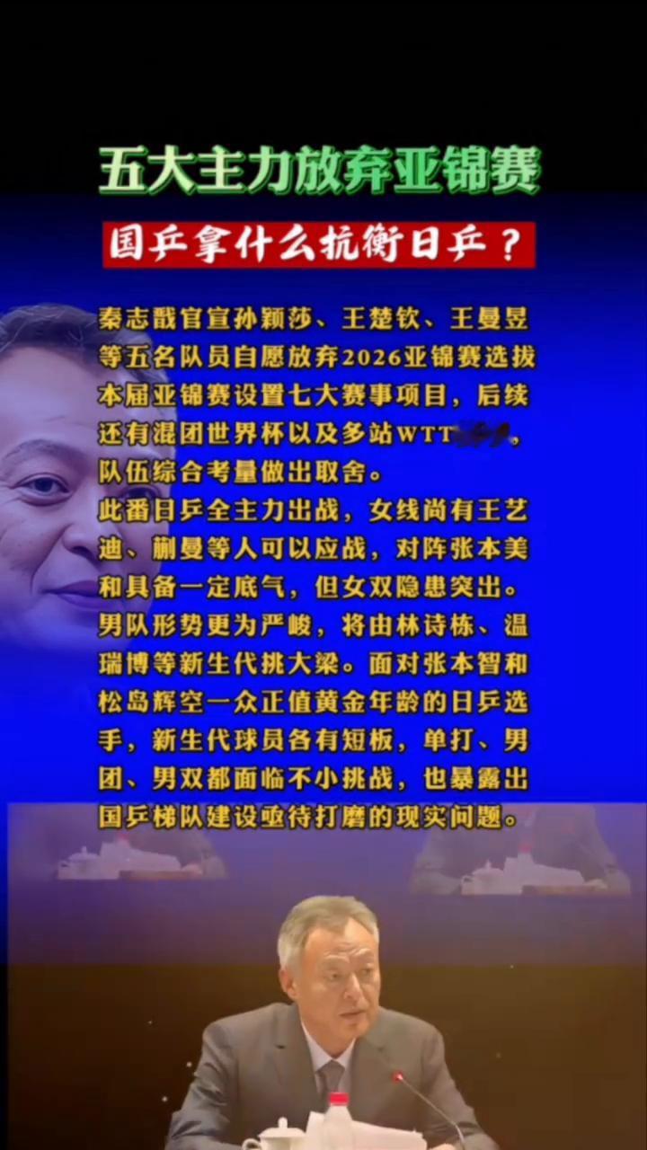 五大主力放弃亚锦赛，国乒拿什么抗衡日兵？
秦志戳官宣孙颖莎、王楚钦、王曼昱等五名