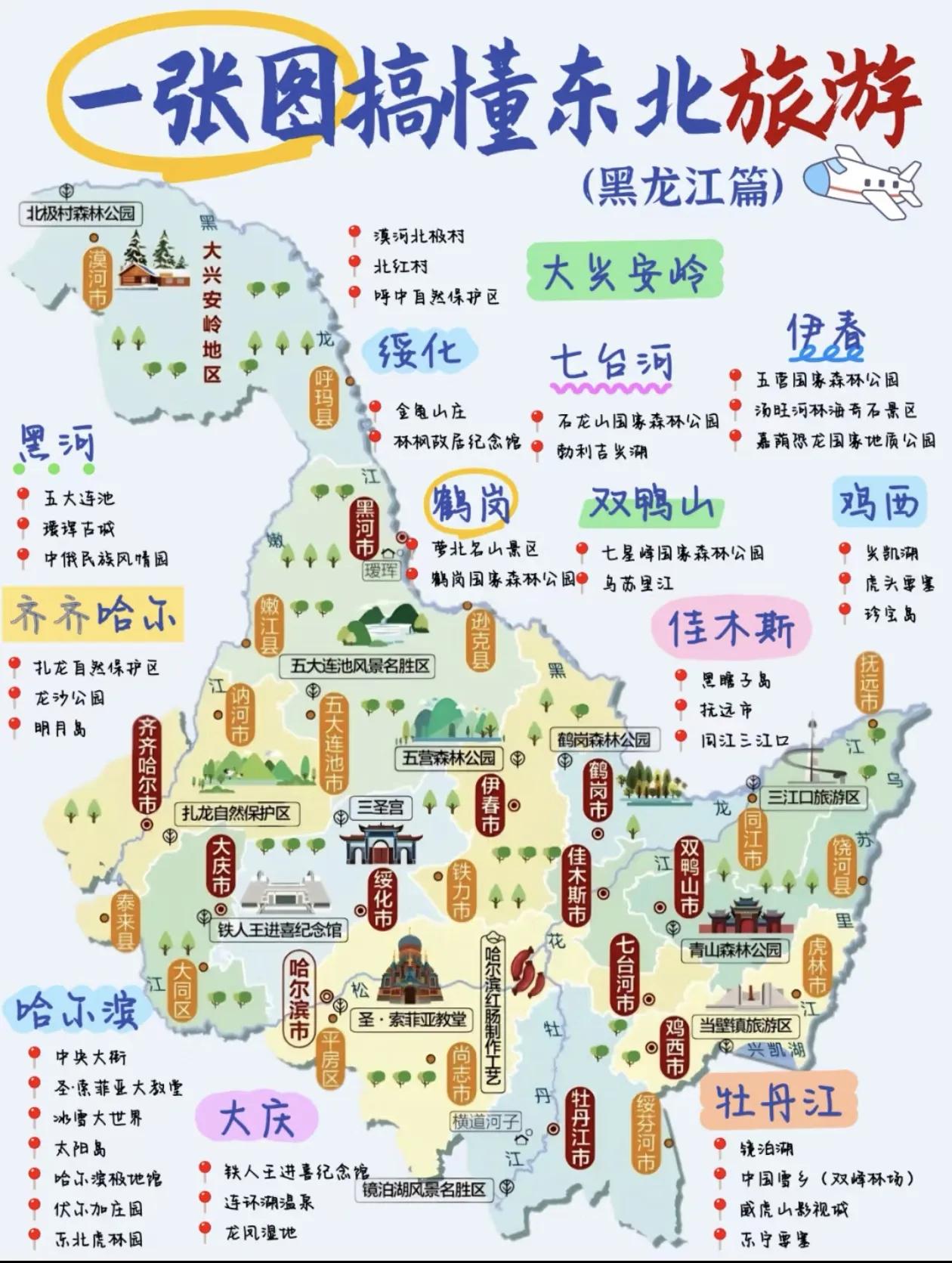 东北旅游地图～黑龙江，吉林，辽宁，东三省景点打卡清单[心]