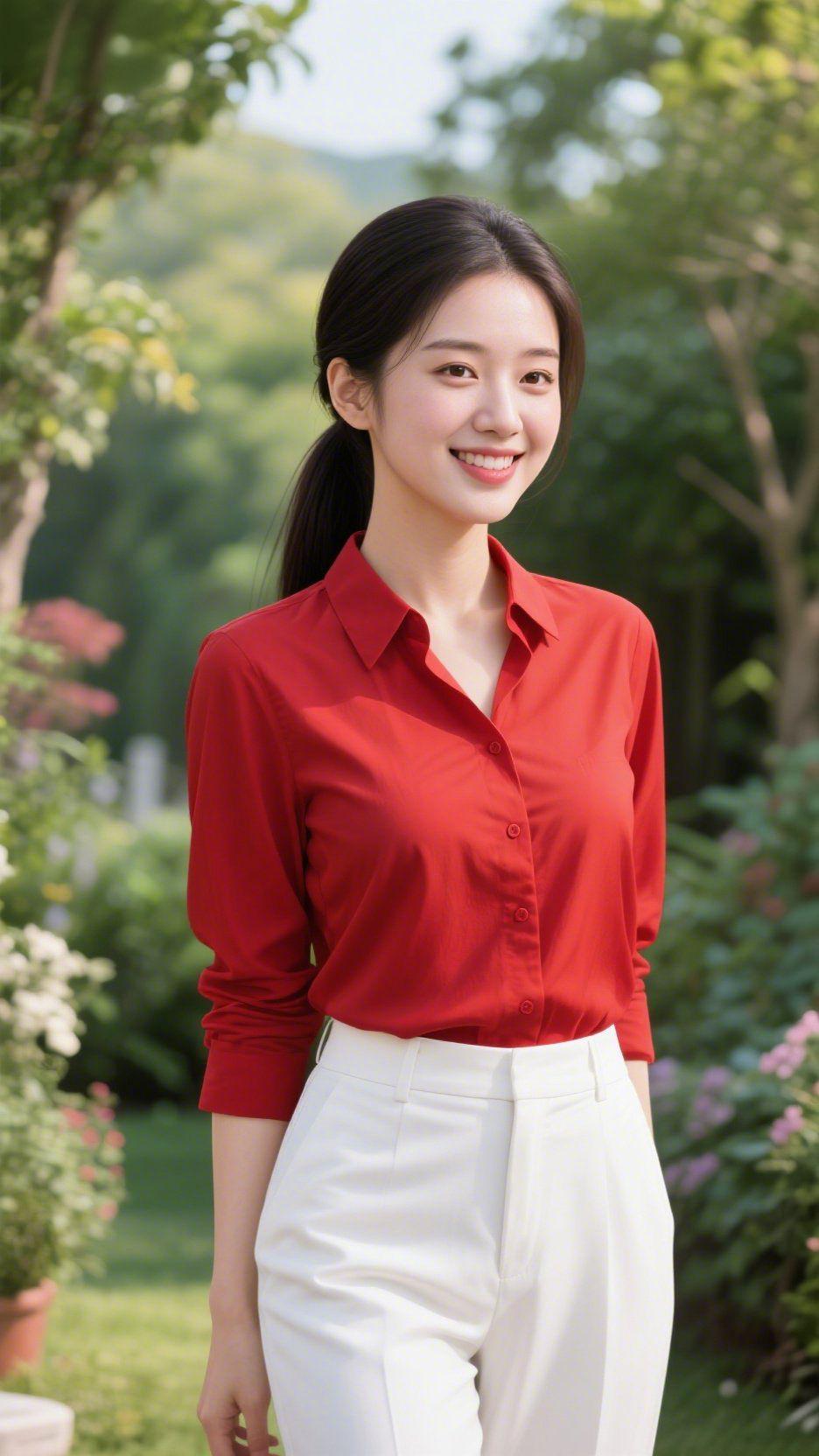 红衫揽清风
 
夏风穿过繁茂的枝叶，捎来草木的清甜气息。一袭正红衬衫衬得眉眼温润