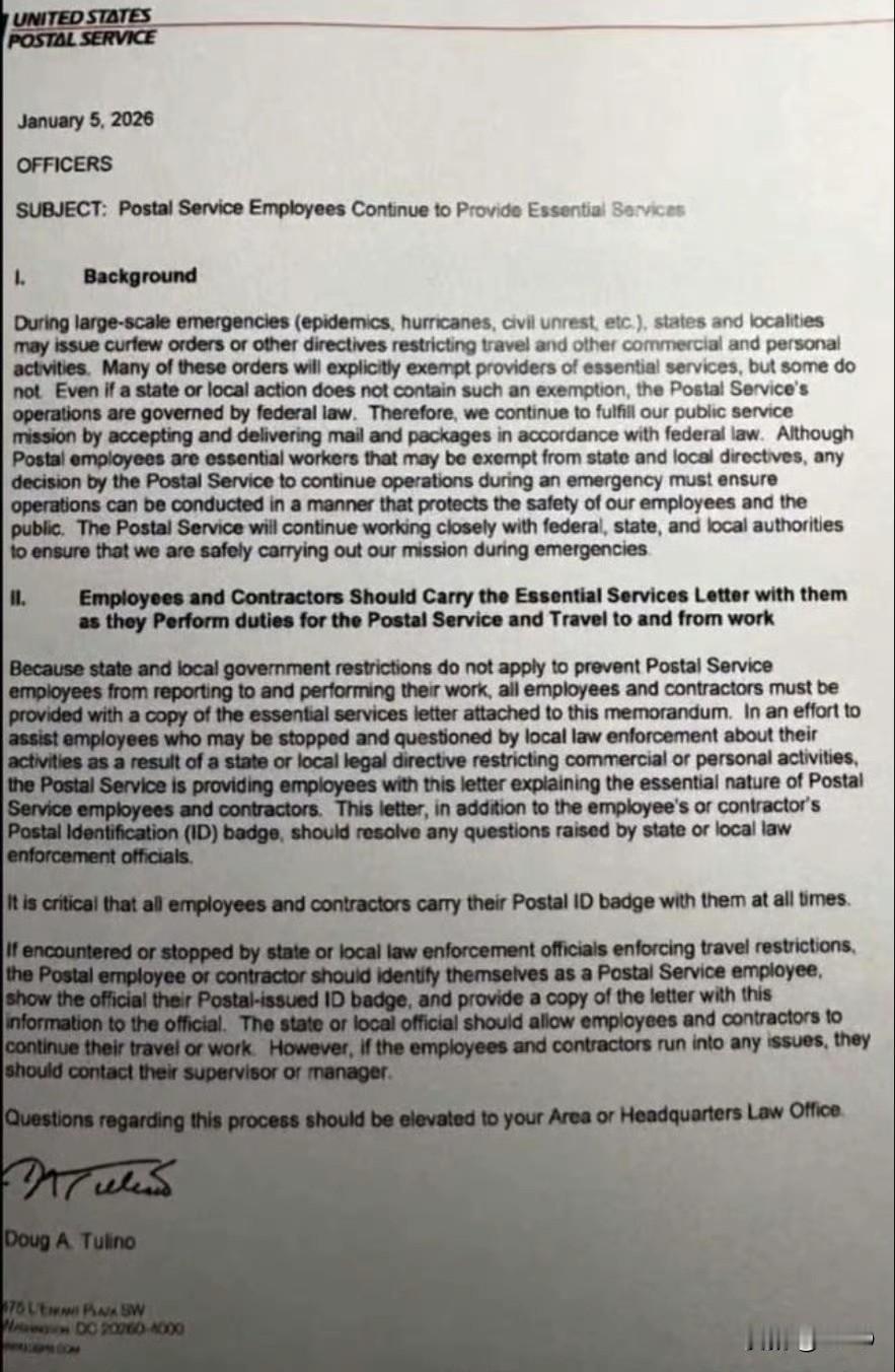 美国媒体报道：美国邮政服务（USPS）最近（截至 2026 年 1 月初）已向员