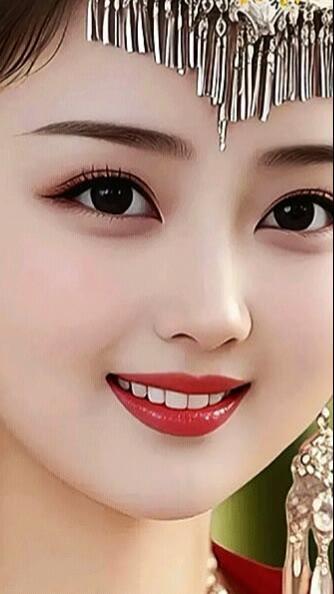 惊艳的古典美女，红唇微笑，头戴华丽头饰，美不胜收！