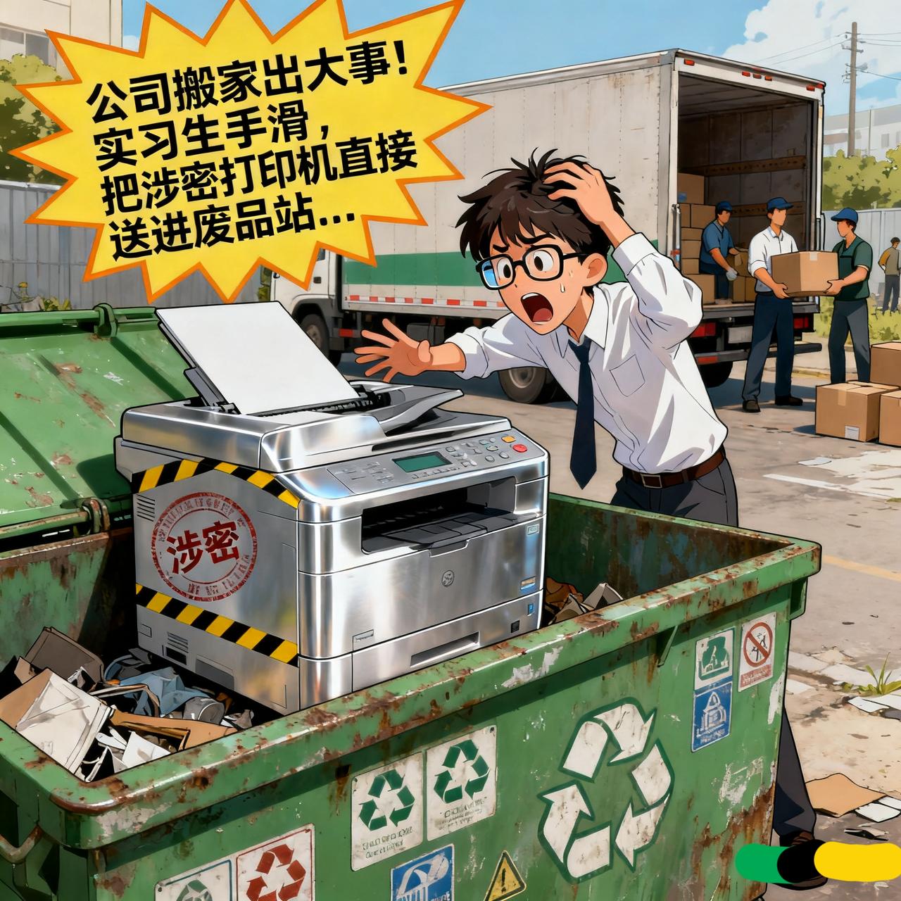 公司搬家出大事！实习生手滑，把涉密打印机直接送进废品站...

某涉密单位搬家时