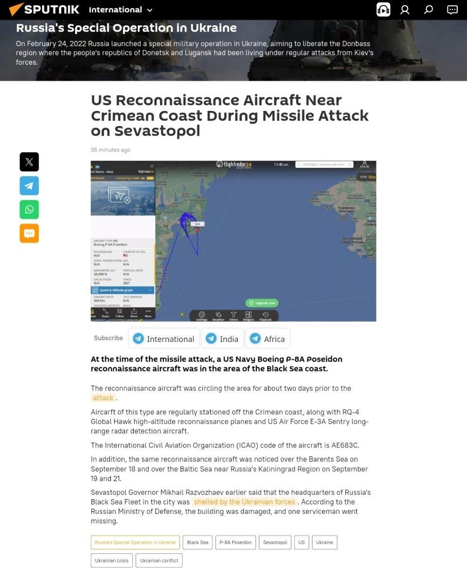 塞瓦斯托波尔导弹袭击期间，美国侦察机靠近克里米亚海岸导弹袭击时，一架美国海军波音