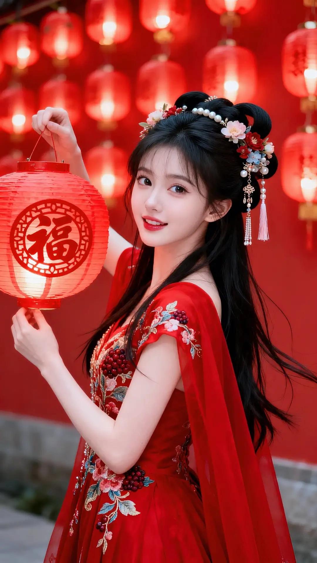 画面中是一位身着红色传统服饰的女子，她手持一盏印有“福”字的大红灯笼，灯笼内烛光