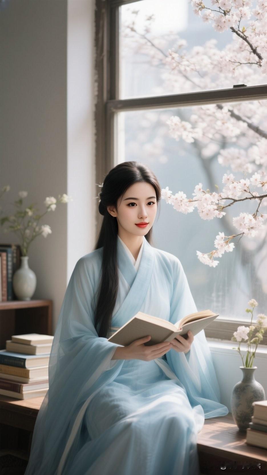 静坐窗边，轻翻书页，岁月静好。一袭得体的古风服饰，配上窗外的白色花瓣，尽显书香满