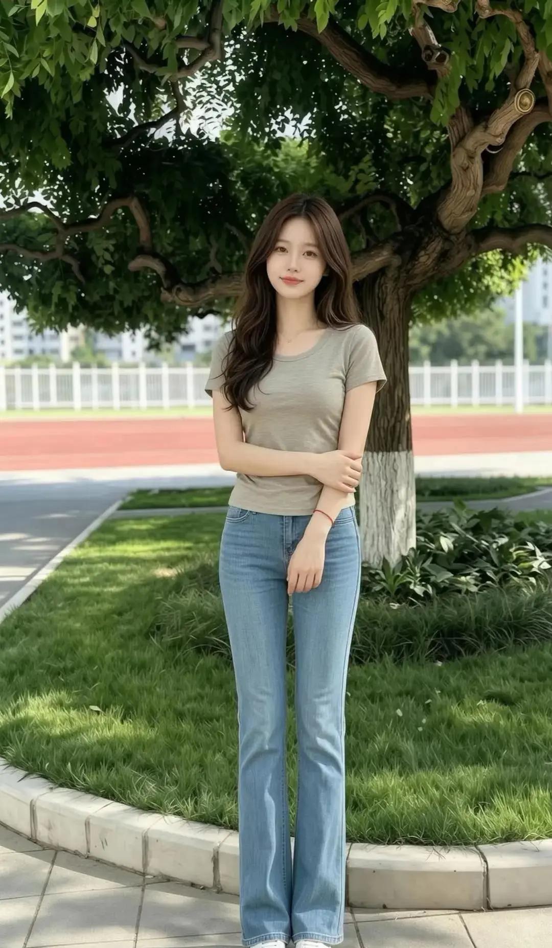阳光明媚，她站在树下微笑。