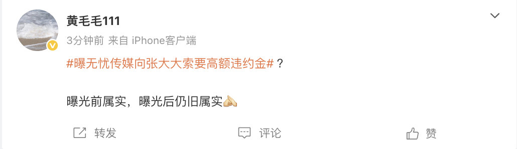 【黄毛毛时隔一年多发声】黄毛毛回应无忧传媒张大大纠纷 6月30日，曾指控张大大暴