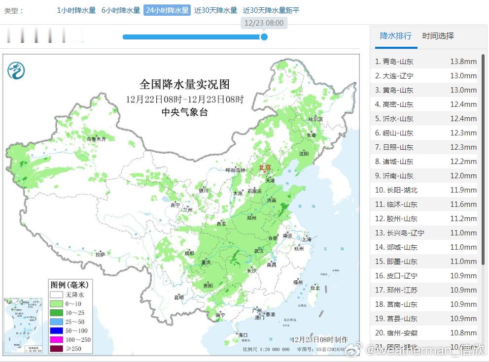 【雨雪】昨天到今晨，中东部出现大范围降水，因为基础气温高，辽宁南部的大连也出现的
