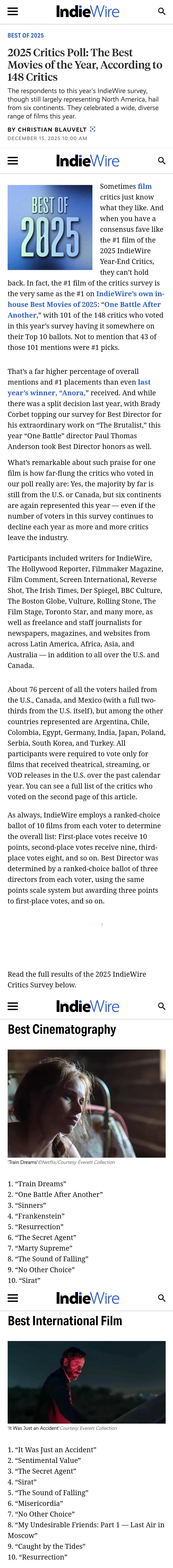 ⚫IndieWire 2025年度佳片影评人调查：148位影评人评选出的年度最佳