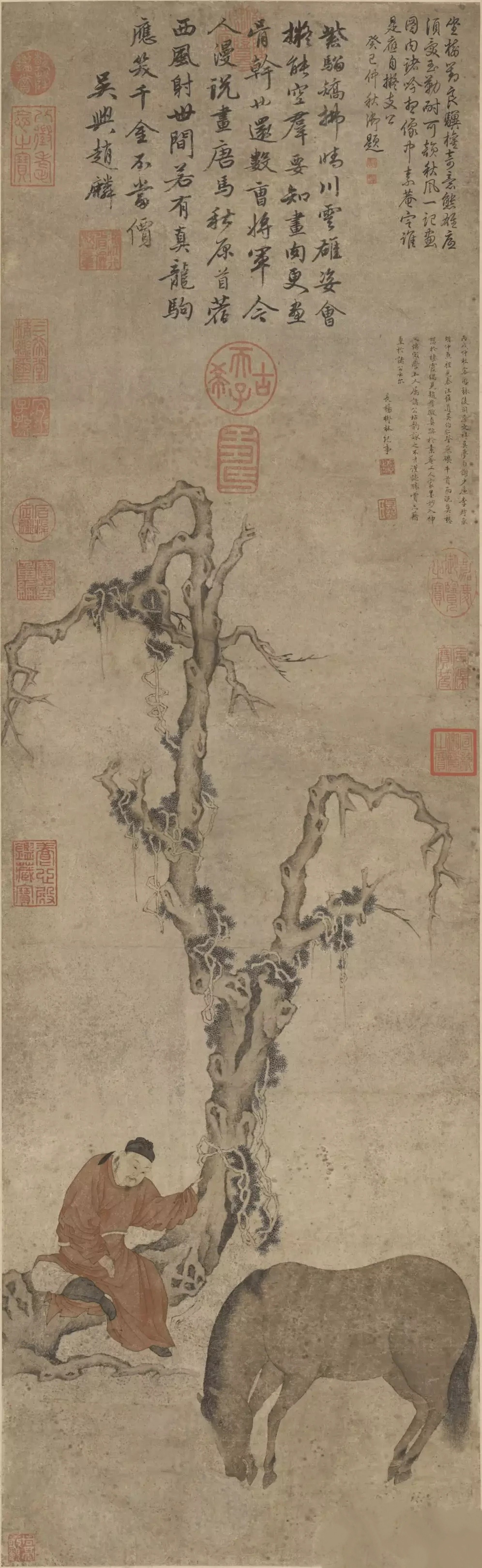 元 赵麟 相马图。赵麟，浙江吴兴人。赵雍之子，赵孟頫之孙，字彦征，官浙江省检校。