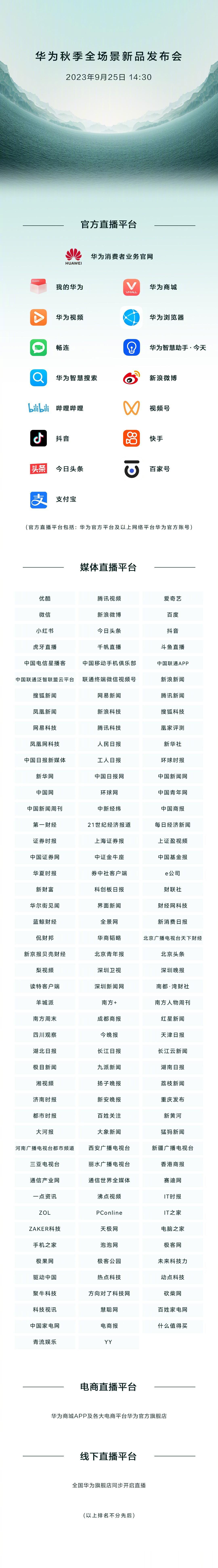 [笑哭]第一次看到这么长的直播平台名单。

华为的这场秋季全场景发布会热度确实没
