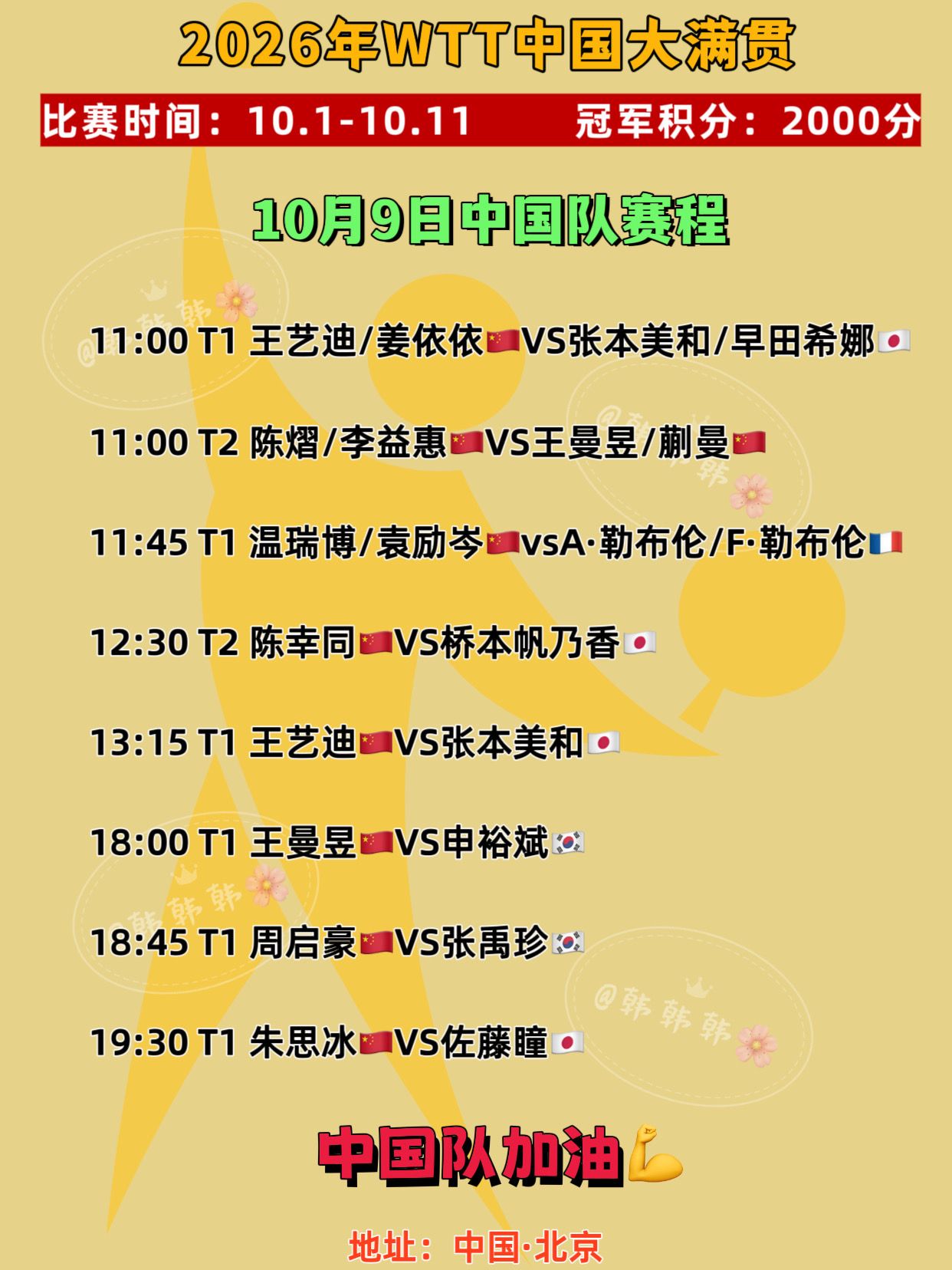 中国大满贯。10月9日中国队赛程，中国队加油加油