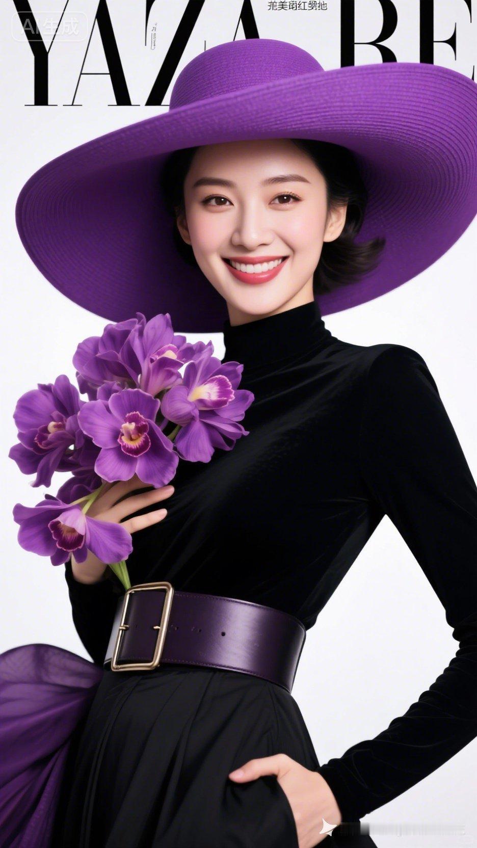 这位女士戴着紫色帽子，拿着花束。